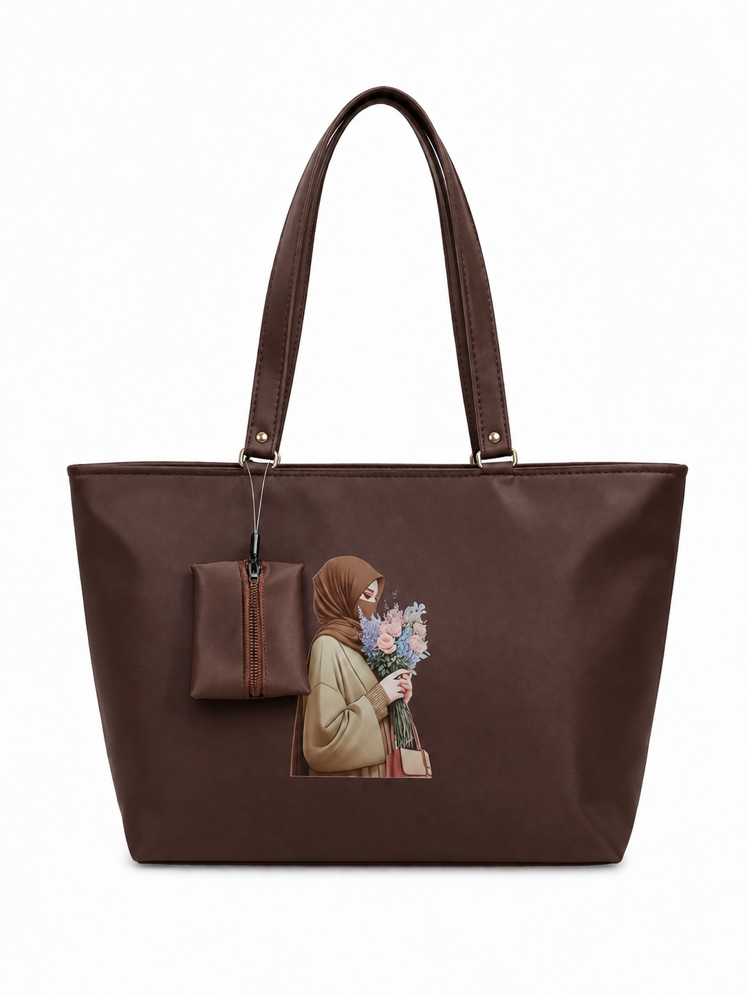 Elegant Hijab Graphic Tote Bag with Matching Pouch | Beige Shoulder Handbag
