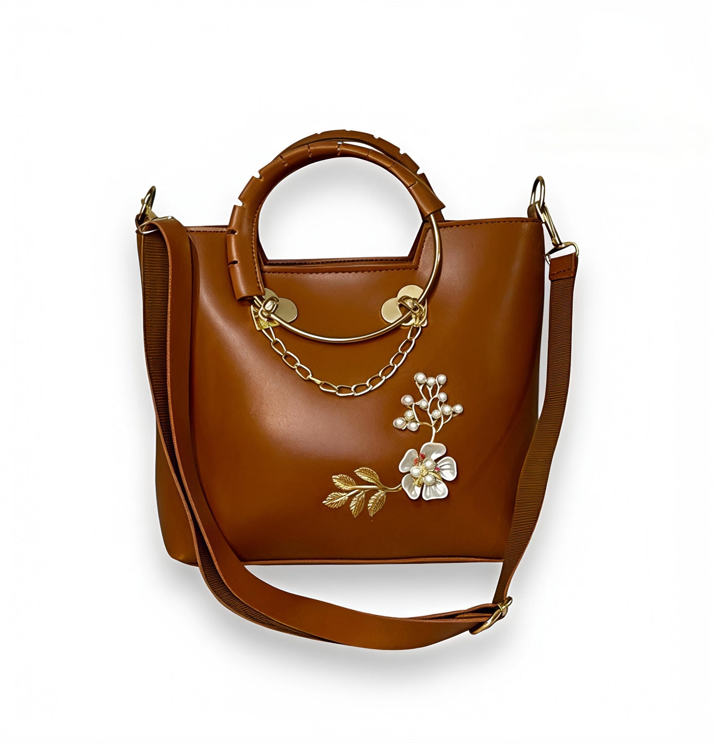 Elegance Floral Embossed PU Leather Top-Handle Handbag with Pearl & Heart Accents
