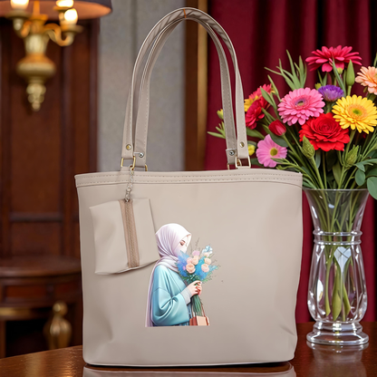 Elegant Hijab Graphic Tote Bag with Matching Pouch | Beige Shoulder Handbag