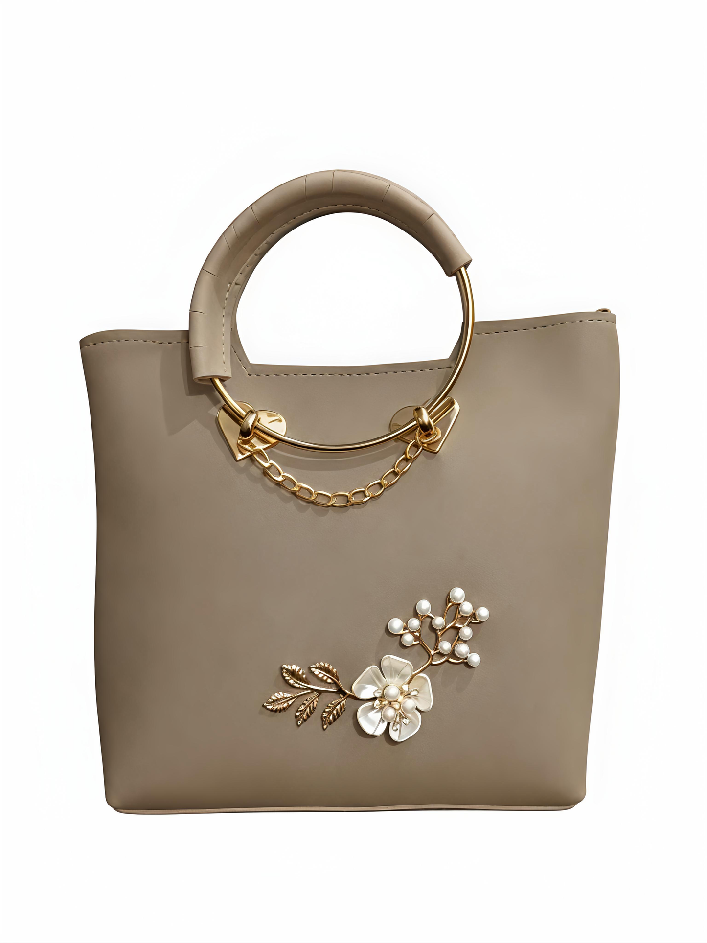Elegance Floral Embossed PU Leather Top-Handle Handbag with Pearl & Heart Accents