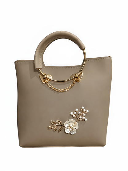 Elegance Floral Embossed PU Leather Top-Handle Handbag with Pearl & Heart Accents