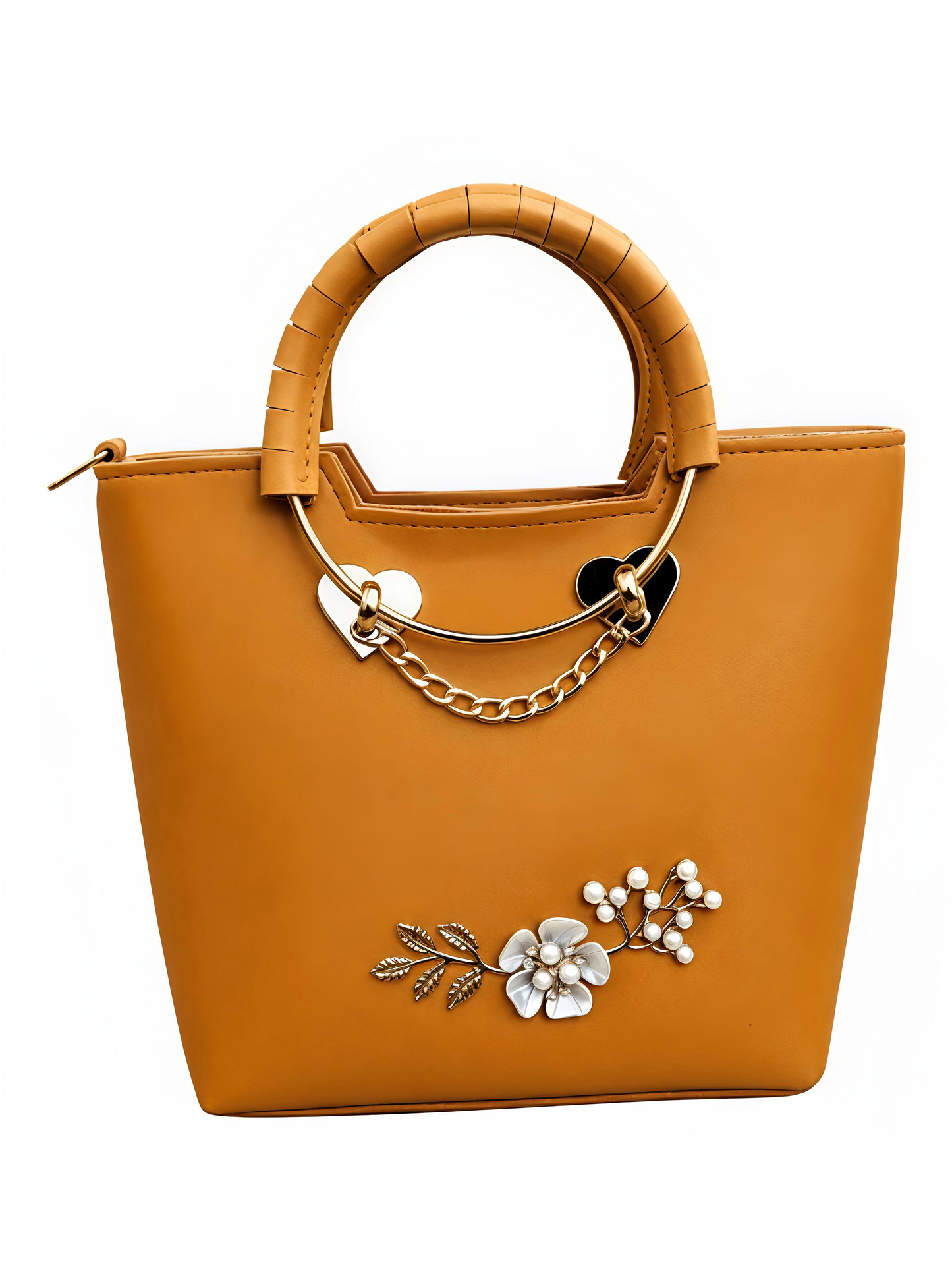 Elegance Floral Embossed PU Leather Top-Handle Handbag with Pearl & Heart Accents