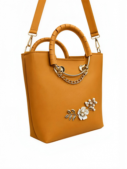 Elegance Floral Embossed PU Leather Top-Handle Handbag with Pearl & Heart Accents