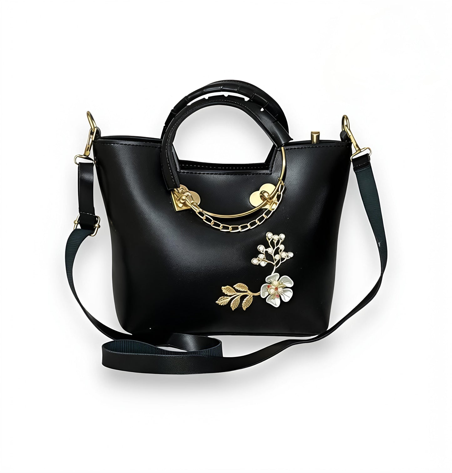 Elegance Floral Embossed PU Leather Top-Handle Handbag with Pearl & Heart Accents
