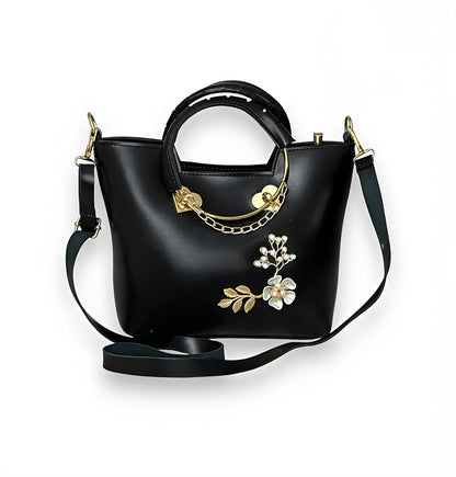 Elegance Floral Embossed PU Leather Top-Handle Handbag with Pearl & Heart Accents