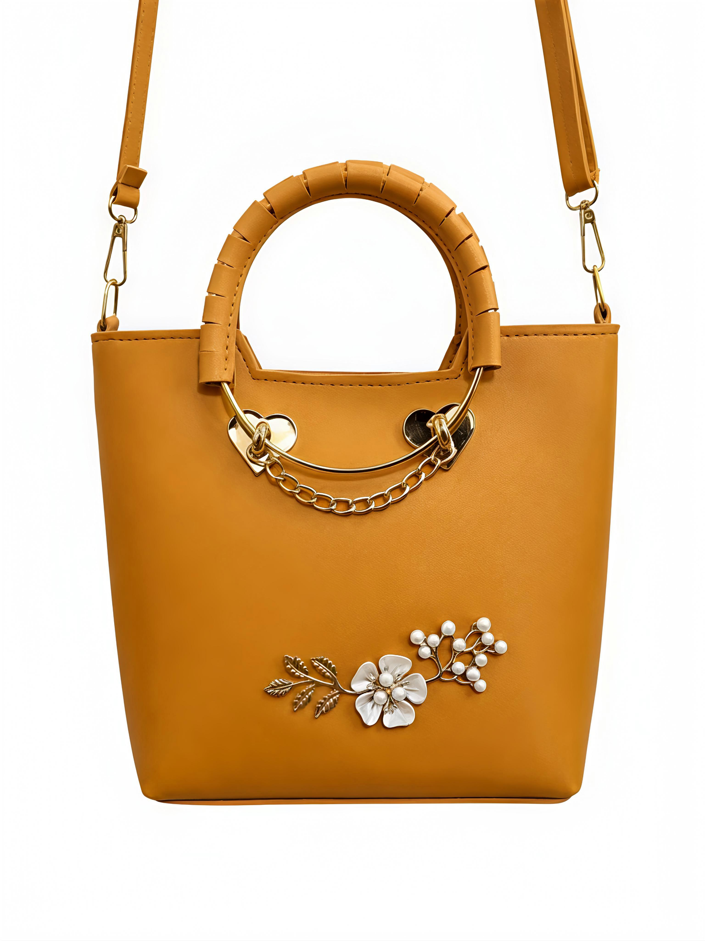 Elegance Floral Embossed PU Leather Top-Handle Handbag with Pearl & Heart Accents