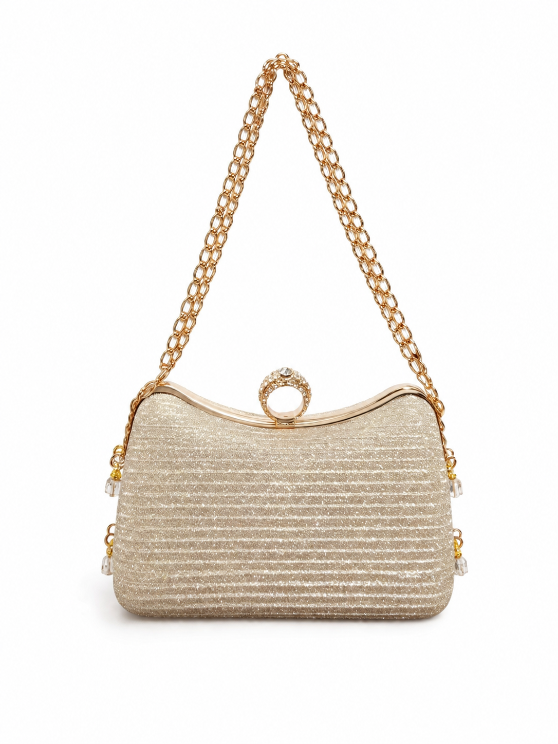 Elegant Gold Shimmer Evening Clutch Bag with Rhinestone Ring Clasp