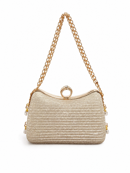 Elegant Gold Shimmer Evening Clutch Bag with Rhinestone Ring Clasp