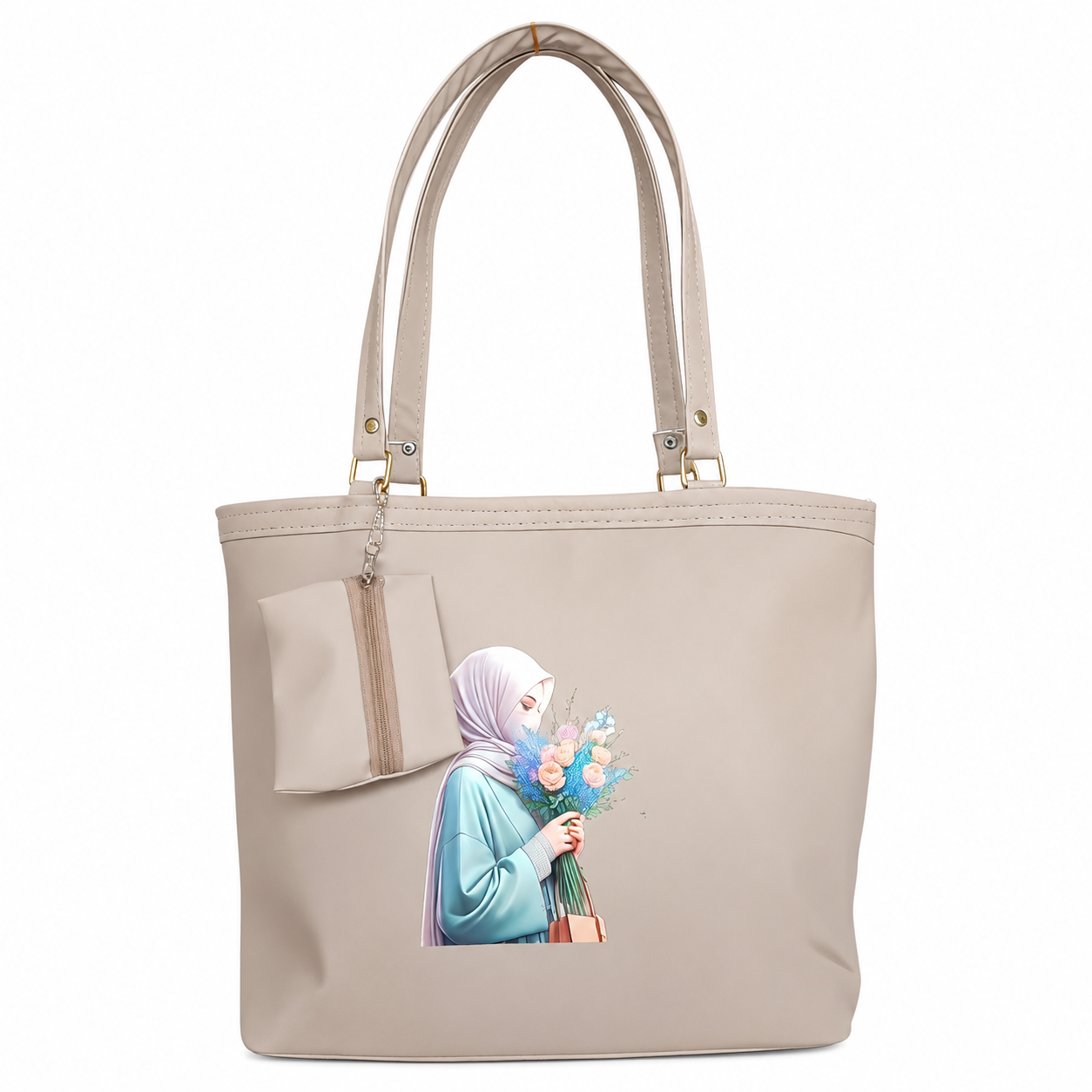 Elegant Hijab Graphic Tote Bag with Matching Pouch | Beige Shoulder Handbag