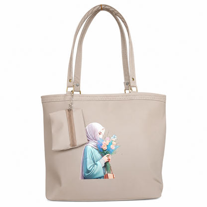 Elegant Hijab Graphic Tote Bag with Matching Pouch | Beige Shoulder Handbag