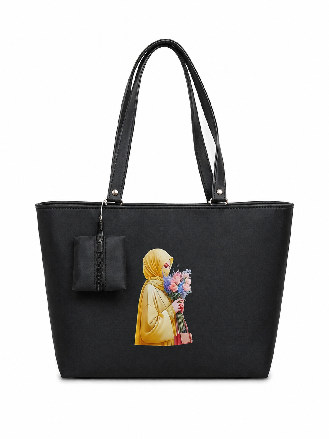 Elegant Hijab Graphic Tote Bag with Matching Pouch | Beige Shoulder Handbag