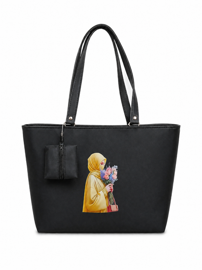 Elegant Hijab Graphic Tote Bag with Matching Pouch | Beige Shoulder Handbag