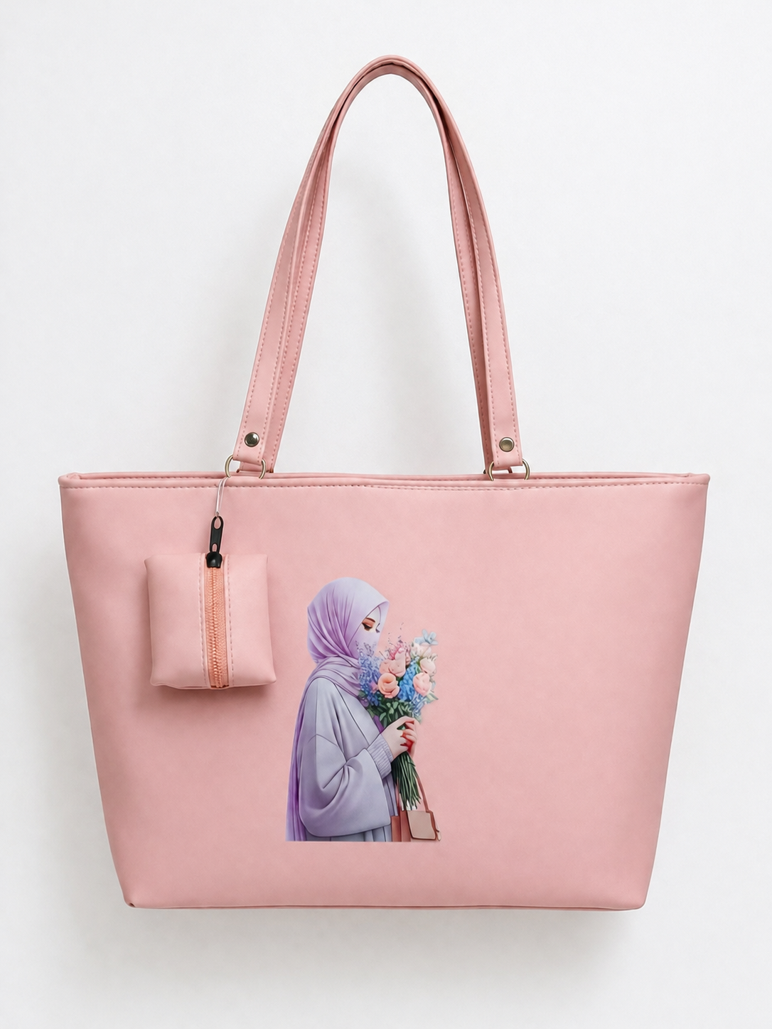 Elegant Hijab Graphic Tote Bag with Matching Pouch | Beige Shoulder Handbag
