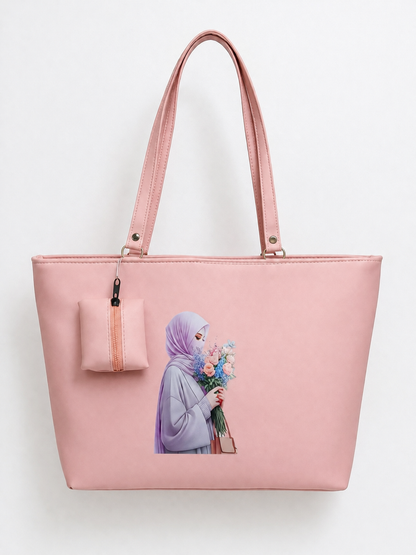Elegant Hijab Graphic Tote Bag with Matching Pouch | Beige Shoulder Handbag