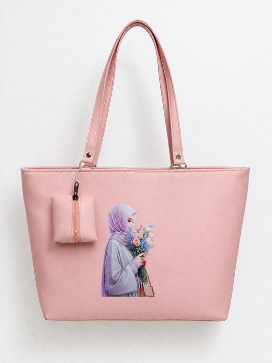 Elegant Hijab Graphic Tote Bag with Matching Pouch | Beige Shoulder Handbag