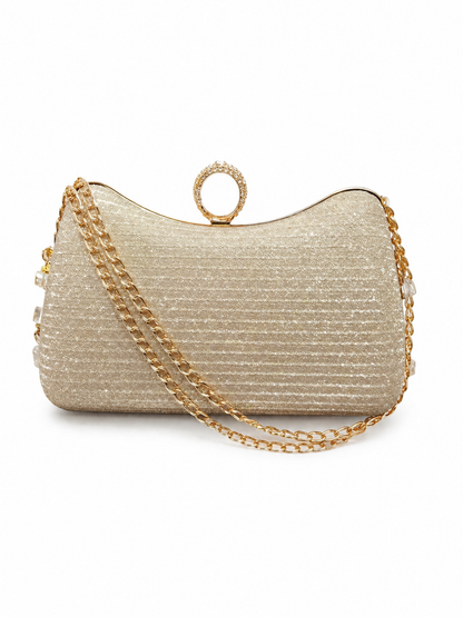 Elegant Gold Shimmer Evening Clutch Bag with Rhinestone Ring Clasp