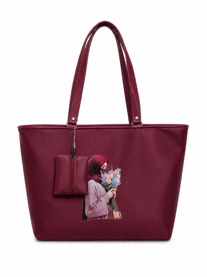 Elegant Hijab Graphic Tote Bag with Matching Pouch | Beige Shoulder Handbag