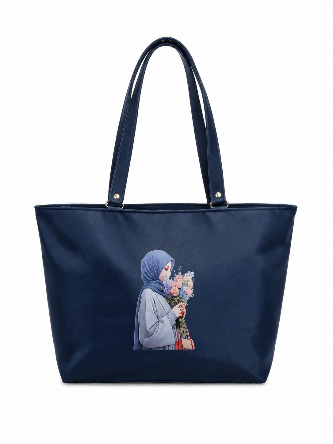 Elegant Hijab Graphic Tote Bag with Matching Pouch | Beige Shoulder Handbag