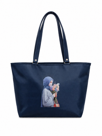 Elegant Hijab Graphic Tote Bag with Matching Pouch | Beige Shoulder Handbag