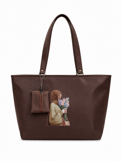 Elegant Hijab Graphic Tote Bag with Matching Pouch | Beige Shoulder Handbag