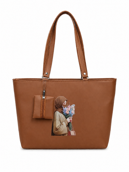 Elegant Hijab Graphic Tote Bag with Matching Pouch | Beige Shoulder Handbag