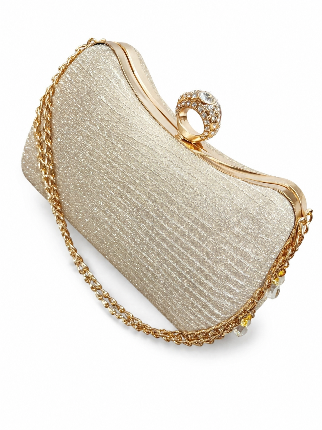 Elegant Gold Shimmer Evening Clutch Bag with Rhinestone Ring Clasp