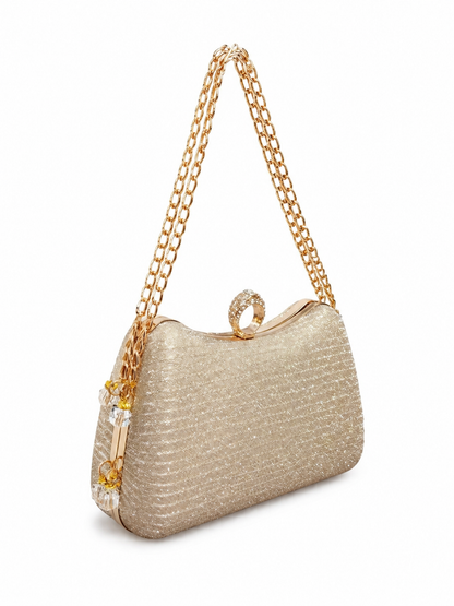 Elegant Gold Shimmer Evening Clutch Bag with Rhinestone Ring Clasp